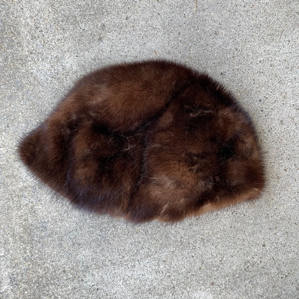 Vintage Real Mink Fur Pillbox Hat Mahogany Brown Satin Lined Winter Accessory